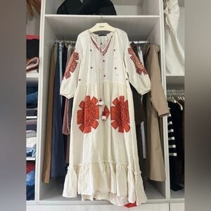 Bohemian White Maxi Dress with Red Accents